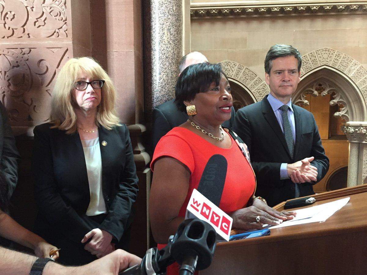 Senate Democratic Leader Andrea Stewart-Cousins (D-Yonkers) with Child Victims Act bill sponsors Assemblywoman Linda Rosenthal (D-Manhattan) and Sen. Brad Hoylman (D-Manhattan) rally Thursday with sex abuse survivors for the Senate GOP to allow a vote on the measure. (KEN LOVETT/NEW YORK DAILY NEWS)
