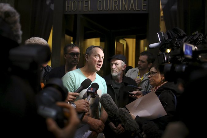Peter Blenkiron, center, a sex abuse survivor from Cardinal Pell’s hometown in Australia, spoke to journalists in Rome in 2016. The survivors met with Cardinal Pell during the visit.