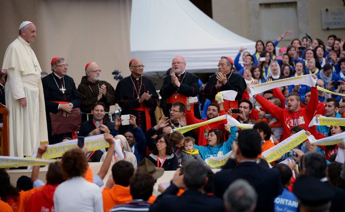 Pope Francis, left, addressed children in 2013 next to Cardinals (from left) George Pell, Sean Patrick O’Malley, Oswald Gracias, Reinhard Marx and Andres Rodriguez Maradiaga in Assisi, Italy.