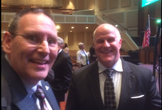 Former Alabama Baptist Convention President Joe Godfrey and current State Convention President John Thweatt share a moment during a break in the state convention held Nov. 14-15, 2017, in Huntsville, Alabama. They have both signed a statement denouncing sexual abuse.(Photo by Greg Garrison/AL.com)