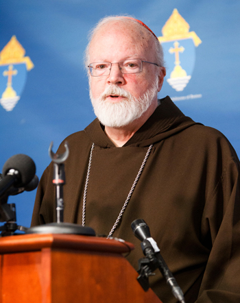 Boston Cardinal Sean P. O’Malley answers questions from the media on the death and legacy of Cardinal Bernard F. Law at the headquarters of the Archdiocese of Boston Dec. 20 in Braintree, Mass. Cardinal Law, who resigned as head of the Boston Archdiocese when the clergy sex abuse scandal was uncovered in 2002. He died early Dec. 20 in Rome at age 86. (CNS photo/Gregory L. Tracy, the Pilot)