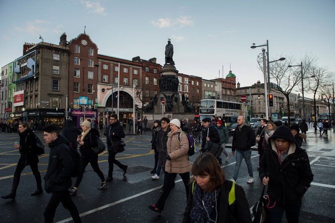 Morning traffic on O’Connell Street, a few blocks from the Gloucester Street laundry in Dublin.