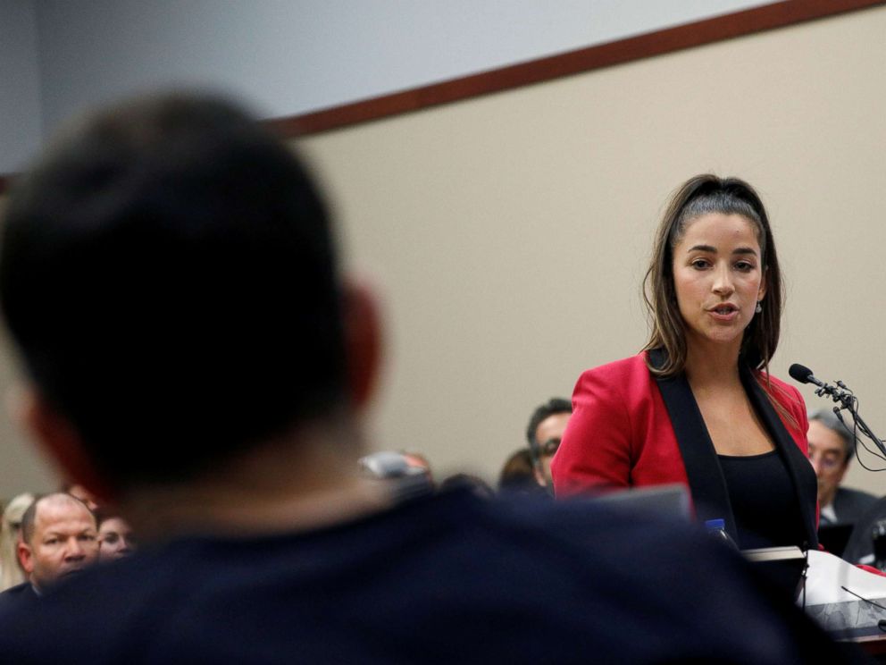 Olympic gold medalist Aly Raisman speaks at the sentencing hearing for Larry Nassar in Lansing, Mich., Jan. 19, 2018.