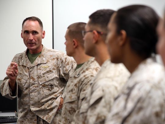Col. Ernest L. Ackiss speaks to Marines in Cherry Point NC July 10, 2013. (Photo: Marine Corps)