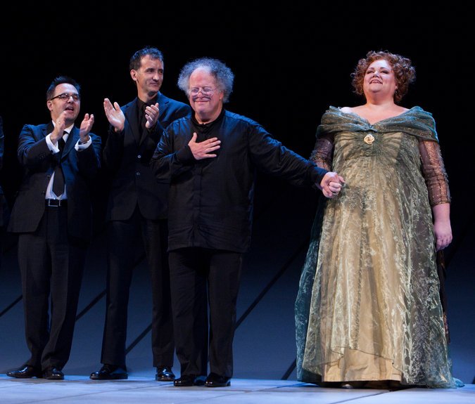 A curtain call after Wagner’s “Das Rheingold” in 2010 with, from left, Francois St-Aubin, costume designer; Carl Fillion, set designer; Mr. Levine; and Stephanie Blythe, mezzo-soprano.