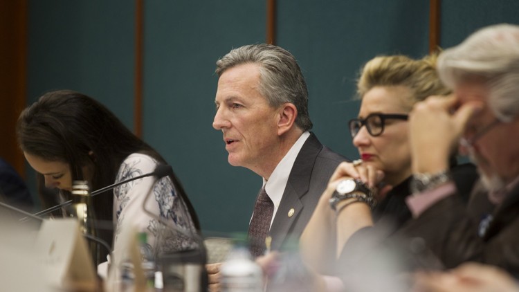 Chairman Jeff Stone addresses changes to House Bill 605 during a Senate Judiciary Committee hearing at the Coverdell Legislative Office Building in Atlanta, Georgia, on Thursday, March 22, 2018.