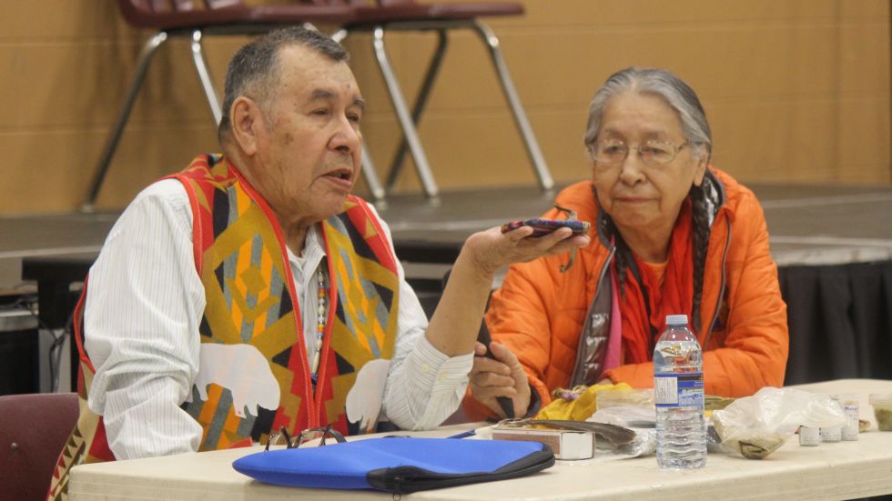 Mike Daniels and his wife, Rose, of Sturgeon Lake First Nation speak at the residential school gathering.
