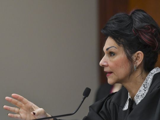 Circuit Judge Rosemarie Aquilina addresses former MSU football players Josh King, Donnie Corley, and Demetric Vance, Wednesday, April 4, 2018, during their pretrial hearing on sexual assault charges. All three men pleaded guilty to lesser charges of seduction as part of an agreement with prosecutors. (Photo: MATTHEW DAE SMITH/Lansing State Journal)