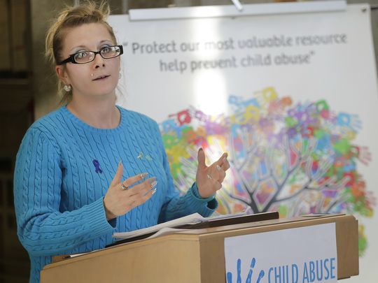A survivor of child sex trafficking, Kimberly, who is only being identified by her first name, speaks during the Hands Around the Courthouse event at the Outagamie County administration building on Wednesday, April 4, 2018 in Appleton, Wis. Wm. Glasheen/USA TODAY NETWORK-Wisconsin (Photo: Wm. Glasheen/USA TODAY NETWORK-Wisconsin)