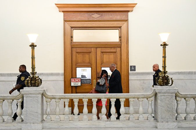 Bill Cosby, center, arriving at the Montgomery County Courthouse in Pennsylvania for the fifth day of his sexual assault retrial.