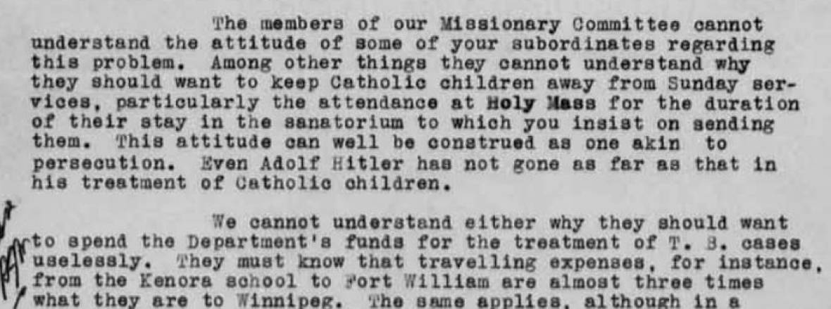 The general superintendent of the Oblate Catholic Indian Missions, wrote to the director of Indian Affairs in 1939 saying Ottawa sending Catholic residential school students to non-Catholic sanatoriums was 'akin to persecution.' (Library and Archives Canada)