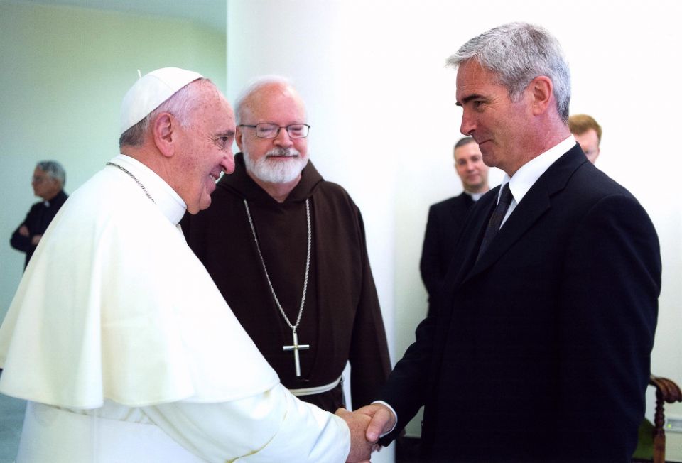 Pope Francis meets Mark Vincent Healy, a survivor of clerical sexual abuse, at the Vatican July 7, 2014. Also pictured is Cardinal Sean O'Malley of Boston, president of the Pontifical Commission for the Protection of Minors. Healy said the pope made a mistake in his judgment about a Chilean bishop, but there is now an opportunity for positive change. (CNS/ L'Osservatore Romano via Mark Vincent Healy)