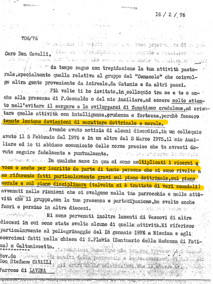 The first page of a letter written by Bishop Pasquale Bacile of Acireale to Father Stefano Cavalli dated February 2, 1976. In it, the bishop points to “true scandals” and docrinal and moral deviations within the Group of Lavina, later ACCA.