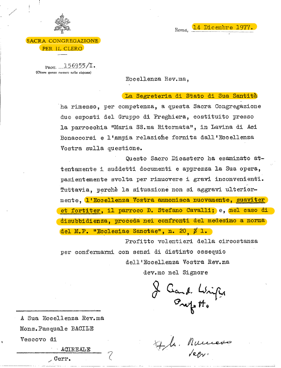 A letter by the Vatican’s Congregation for Clergy to Bishop Pasquale Bacile of Acireale, instructing him to make Father Stevalli Cavalli obey and if he doesn’t expell him from the parish.