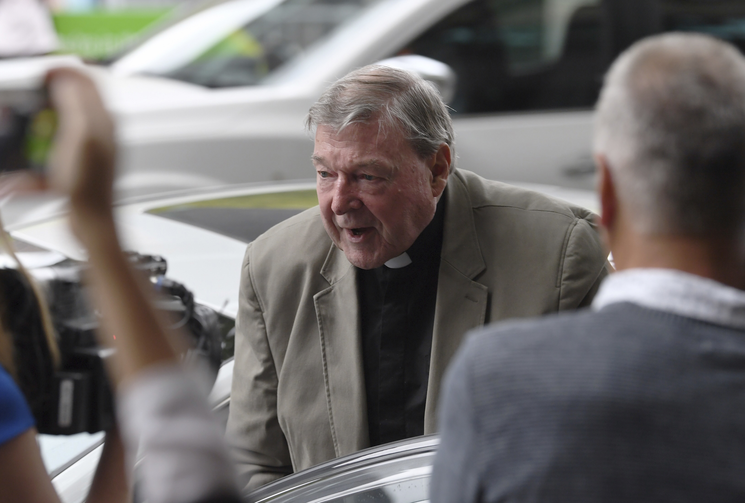 Cardinal George Pell arrives at the Melbourne Magistrates Court, Thursday, March 29, 2018, in Melbourne, Australia. (Joe Castro/AAP Image via AP)