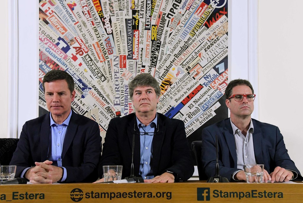 From left, Juan Carlos Cruz, James Hamilton and Jose Andres Murillo, all victims in their youth of a Chilean pedophile priest, at a news conference in Rome on Wednesday.