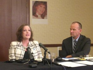 McKenna McKenna Denson speaks to reporters at a news conference alongside her attorney, Craig Vernon, over her lawsuit against the LDS Church. (Photo by Ben Winslow, FOX 13 News)