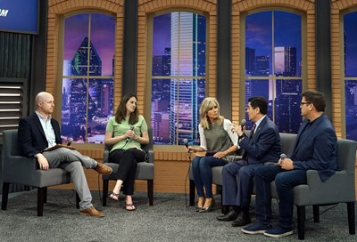 Jonathan Howe and Amy Whitfield moderate a panel discussion with Beth Moore, Russell Moore and Matt Carter, pastor of Austin Stone Community Church in Austin. The panel discussed preventing and dealing with sexual abuse in the church June 11 at the Cooperative Program stage in the exhibit hall at the Kay Bailey Hutchison Convention Center in Dallas.