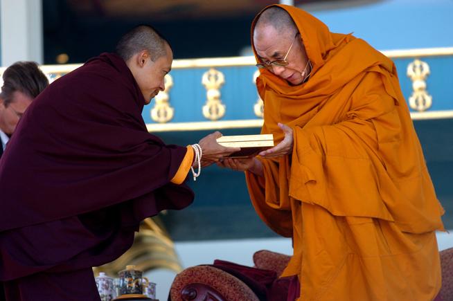 Sakyong Mipham Rinpoche, left, the leader of Shambhala International, presents the Living Peace Award to the Dalai Lama at the Shambhala Mountain Retreat in Larimer County in 2006. (Cliff Grassmick / Staff Photographer)