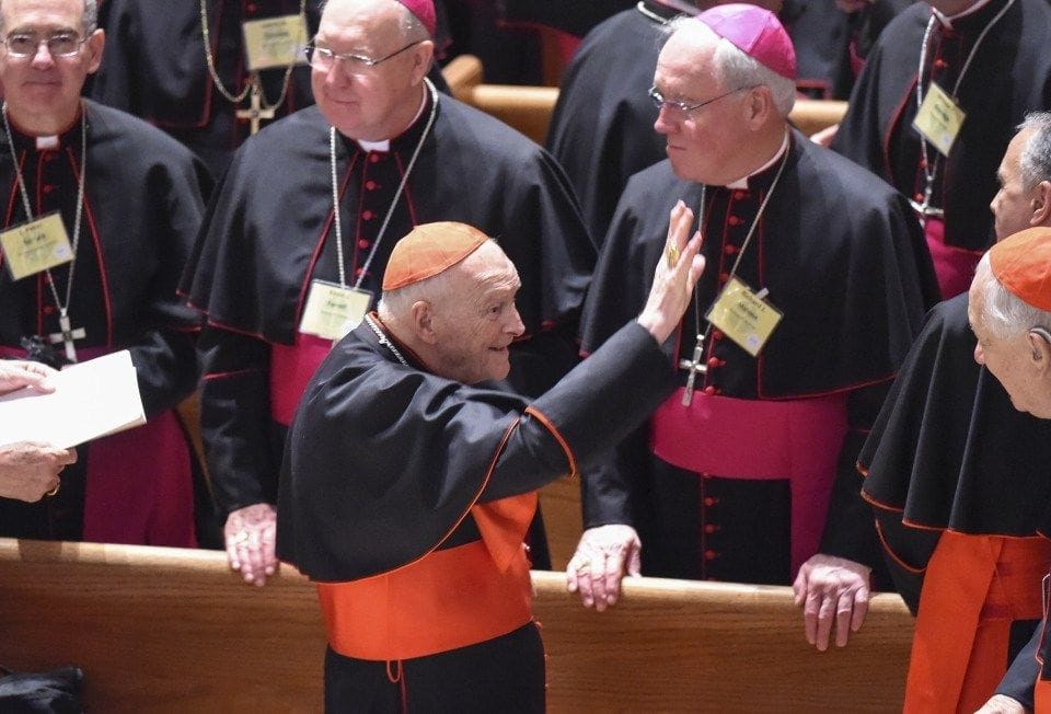 Cardinal Theodore McCarrick waves to fellow bishops at the Cathedral of St. Matthew the Apostle on Sept. 23, 2015, in Washington. (Jonathan Newton/The Washington Post)
