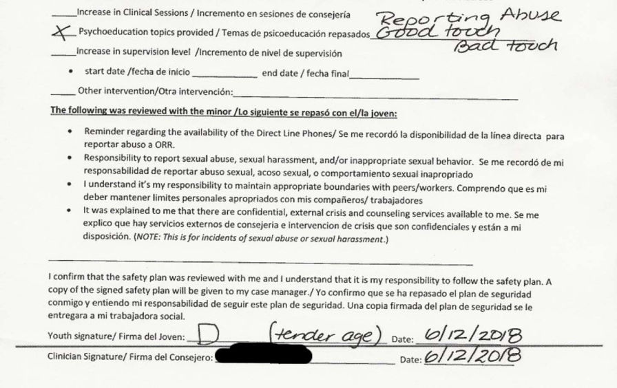 A portion of the “safety plan” that 6-year-old D.L. was required to sign following an alleged incident of sexual abuse at a Southwest Key Programs facility.