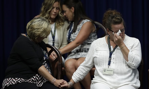Victims of clerical sexual abuse and their family members react during a news conference in Harrisburg, Pennsylvania. Photograph: Matt Rourke/AP
