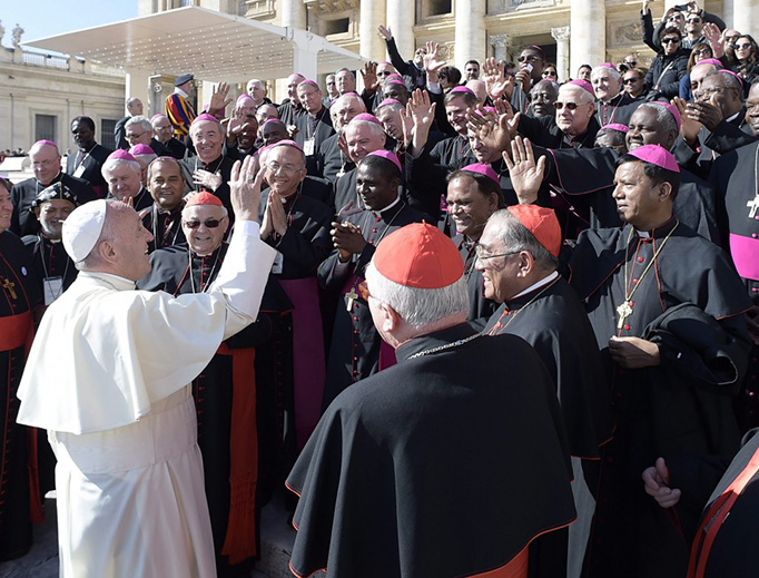 Pope Francis greets cardinals and bishops in St. Peter’s Square during the general audience Feb. 24, 2016. (L’Osservatore Romano/Vatican Media/CNA)