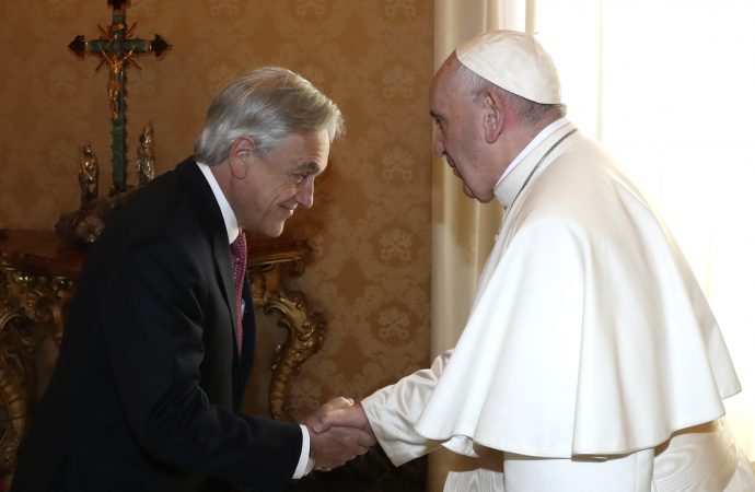 Chile's President Sebastian Pinera, left, meets Pope Francis during a private audience at the Vatican, Saturday, Oct. 13, 2018. (Credit: Alessandro Bianchi/Pool Photo via AP.)
