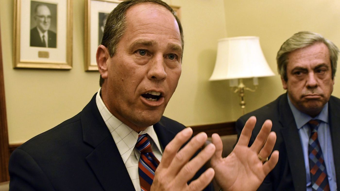 The Pennsylvania Senate's top Republican, President Pro Tempore Joe Scarnati, left, with Sen. Pat Browne, R-Lehigh. (Marc Levy / AP)