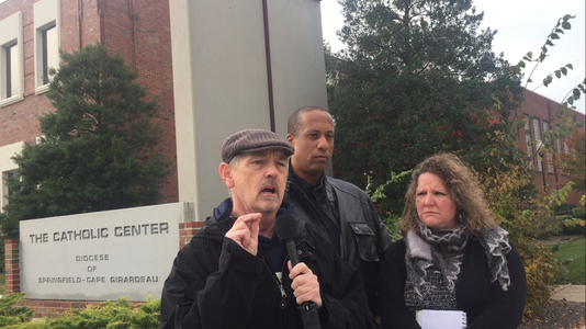 David Clohessy of the Survivors Network of those Abused by Priests gives a brief statement before passing the microphone to Gail and Jon Herbert. The Herberts are accusing a top Catholic official in Springfield of sexual abuse.