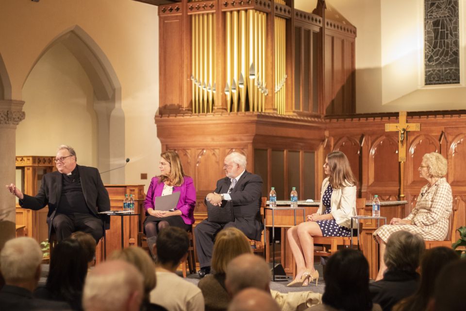 Georgetown University hosted an evening of prayer, reflection and dialogue about the sexual abuse crisis with panelists (l-r) Jerry McGlone, Kerry Robinson, John Carr, Erica Lizza and Anne Burke. (Courtesy of Georgetown University's Office of Mission and Ministry)
