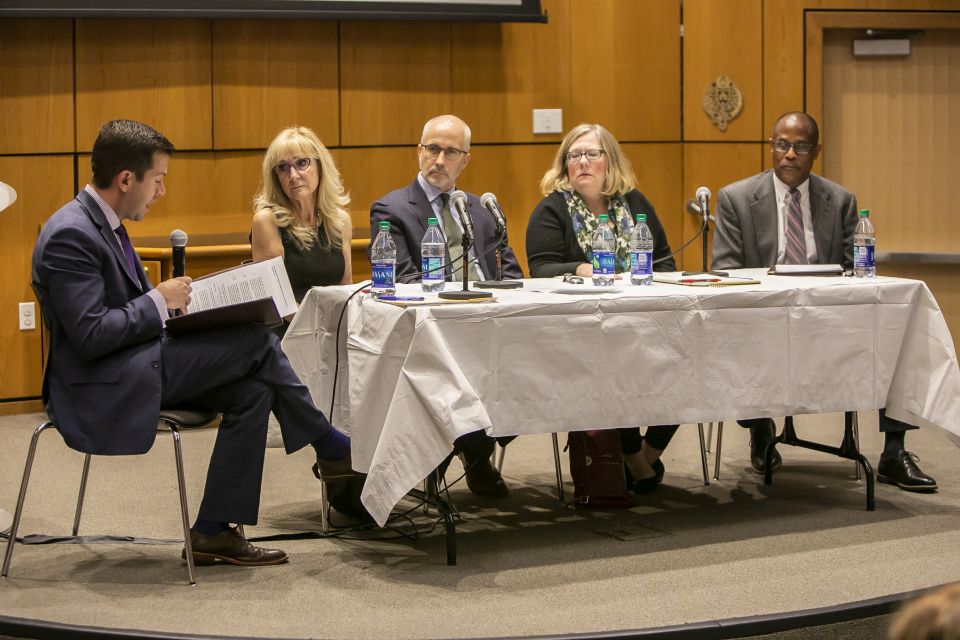 Patrick Hornbeck, chair of the department of religious studies at Fordham University, moderates panelists (l-r) Celia Fisher, David Gibson, Cathleen Kaveny and Bryan Massingale at an event held at the university on Oct. 29. (Marisol Diaz-Gordon)
