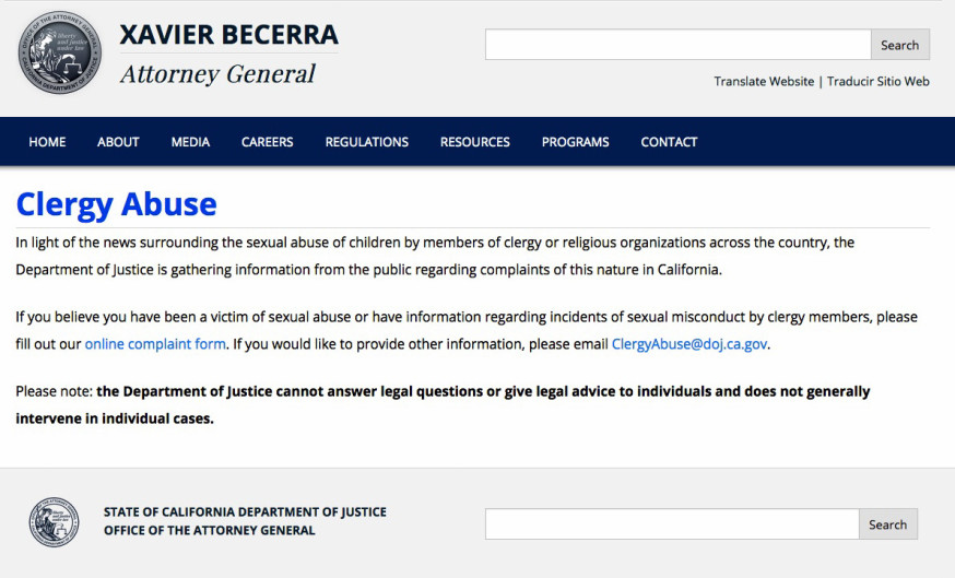 A screen shot of the California Department of Justice website asking for clergy abuse victims to come forward and report their abuse. (California Department of Justice)