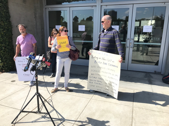 George Kelly/Bay Area News Group Outside the Oakland Diocese offices in the 2200 block of Harrison Street, members of Survivors Network of those Abused by Priests speak before a press conference Thursday, Oct. 11, 2018. (George Kelly/Bay Area News Group)