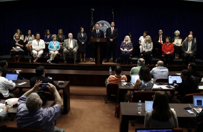 Pennsylvania Attorney General Josh Shapiro, seen here during a news conference at the Pennsylvania Capitol on Aug. 14, 2018 to announce the grand jury report on Catholic clergy sexual abuse. (Credit: Matt Rourke/AP.)