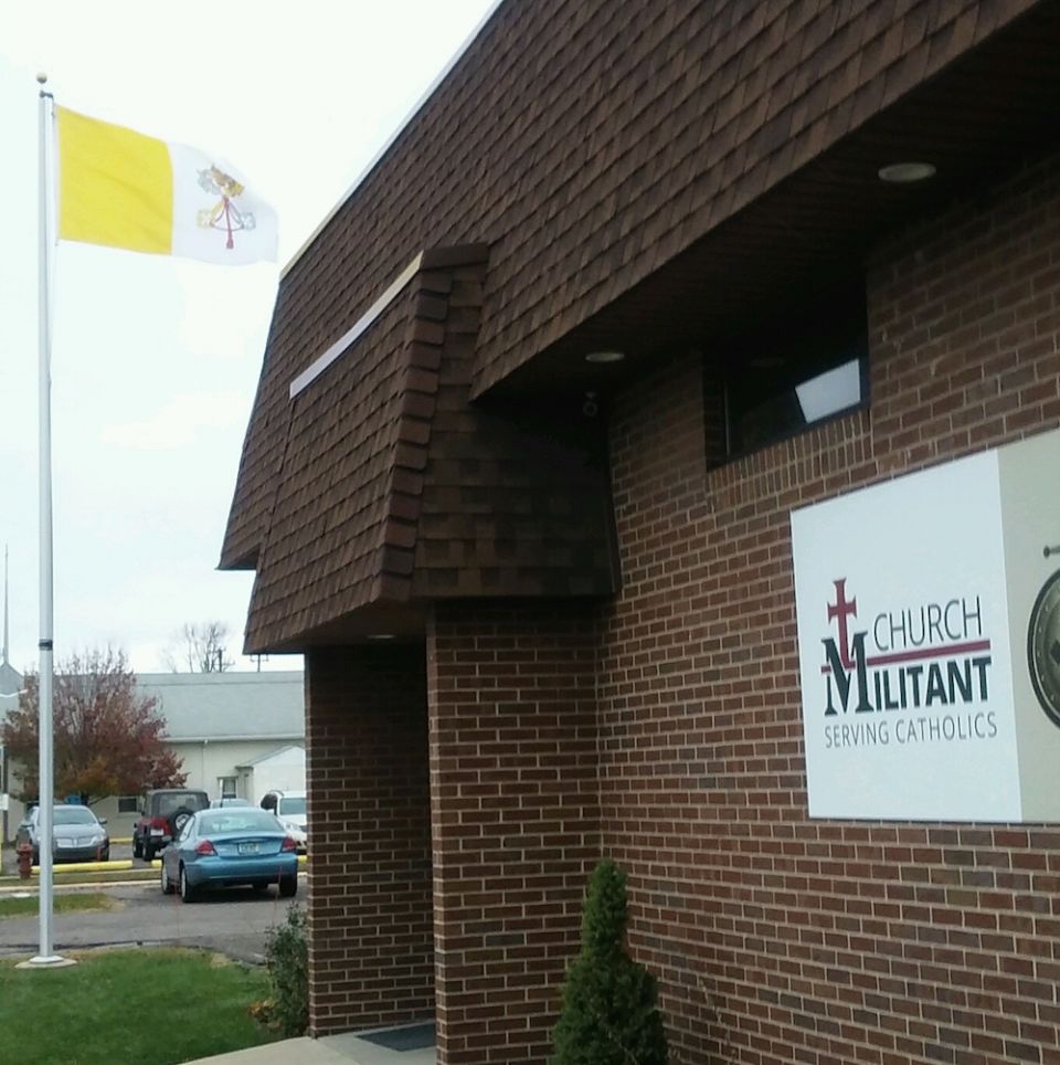 Flag outside of Church Militant offices (Peter Feuerherd)
