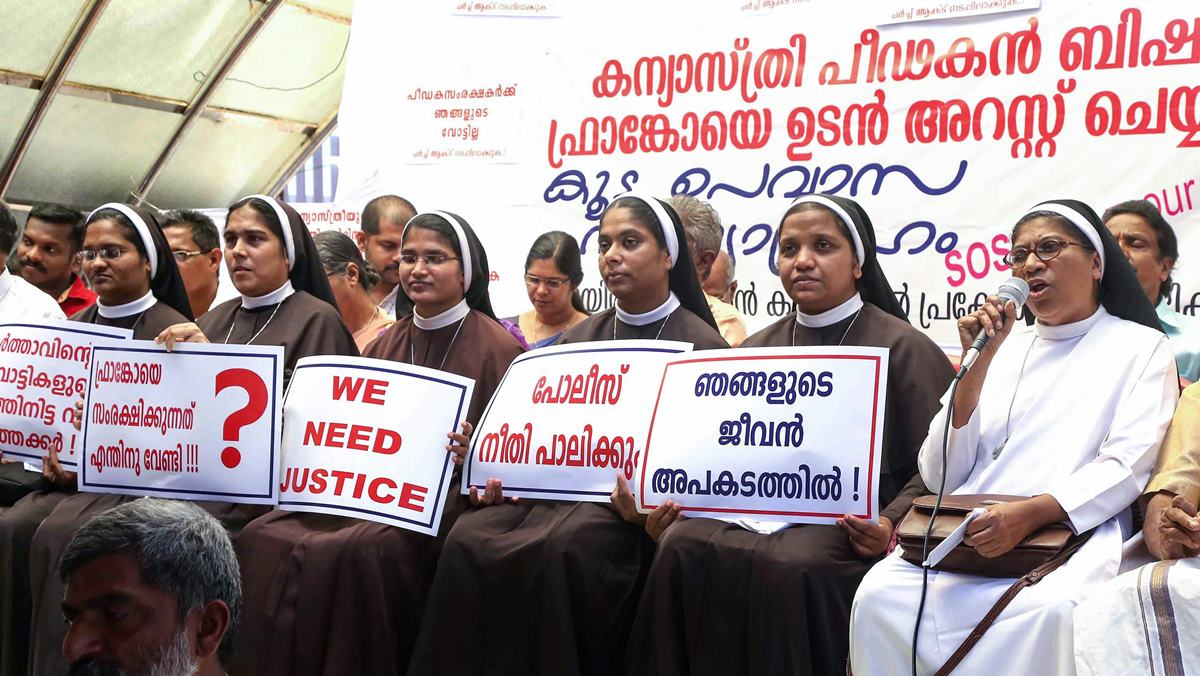 Nuns protest against the delay in action against the Roman Catholic Church bishop accused of sexually exploiting a nun in Kochi. (PTI photo)