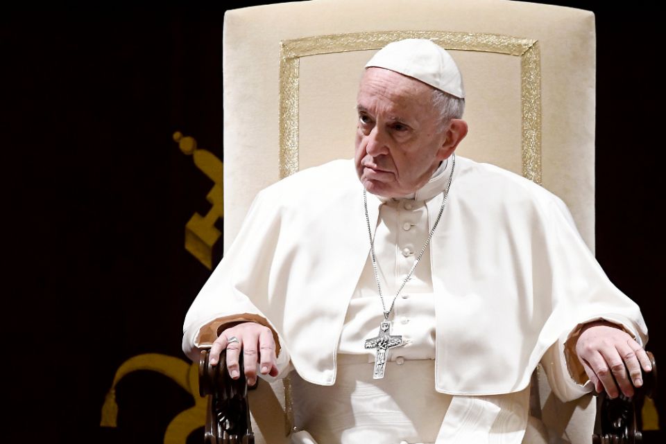Pope Francis attends the traditional greetings to the Roman Curia at the Vatican on Dec. 21, 2018. (AP/Filippo Monteforte/Pool Photo)