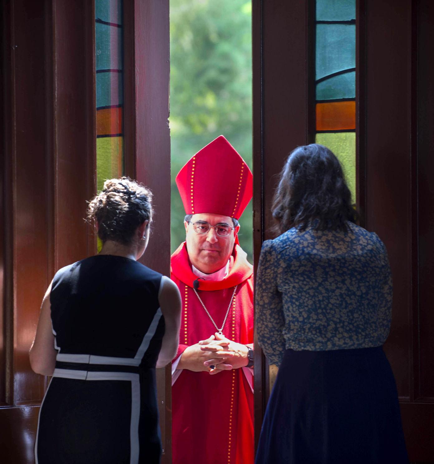 After rapping with a mallet on the door, as is tradition, new Bishop of the Baton Rouge Diocese Michael Duca enters the doors of the church at his installment at St. Joseph Cathedral, Friday, August 24, 2018.