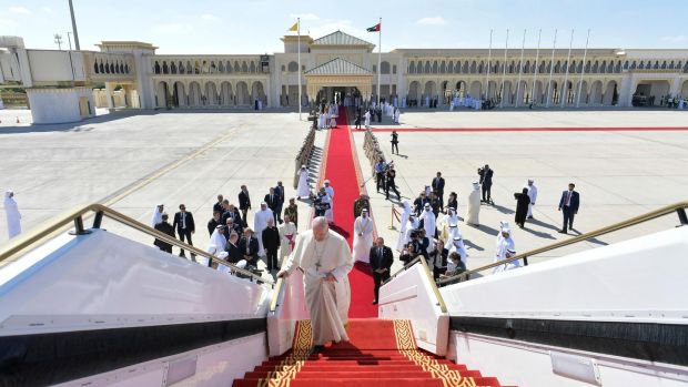 Pope Francis at the end of his three-day visit to the United Arab Emirates. Photograph: EPA