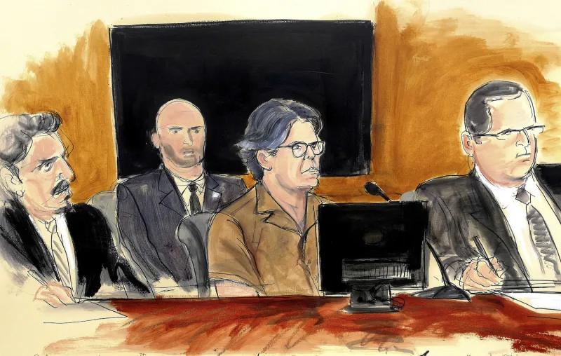 In this courtroom sketch, Keith Raniere, second from right, attends a court hearing on April 13 in New York.