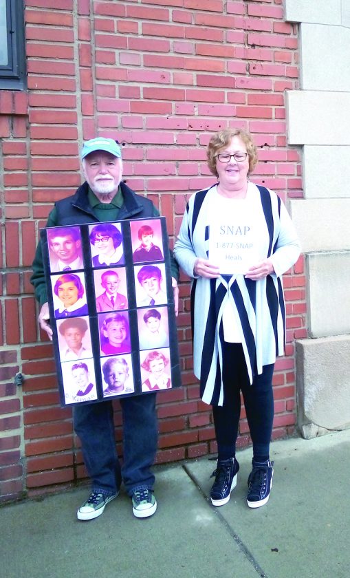 PROTEST — The Survivors of Those Abused by Priests held a protest outside the Diocese of Steubenville offices Thursday. Judy Jones, the S.N.A.P. midwest regional leader, and Steven Spaner, the S.N.A.P. Australian volunteer coordinator, were in Jefferson County to bring attention what they feel is in incomplete list of abusers and insensitive behavior by the diocese. -- Amy Neeley