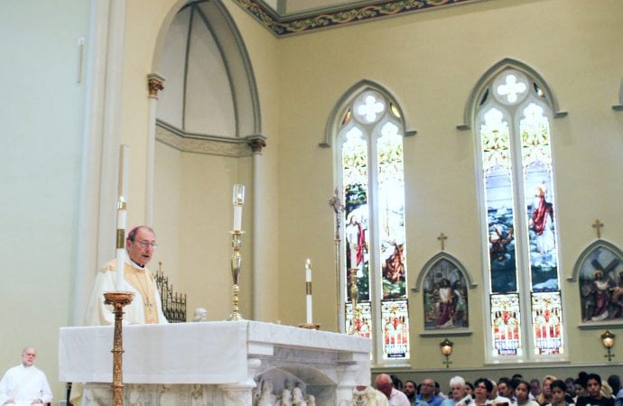 Bishop Robert E. Guglielmone of Charleston, S.C., speaks to the congregation June 24 at St. Peter Church in Columbia, S.C., after it was announced the church will now be known as the Basilica of St. Peter. (Credit: CNS photo/Christina Lee Knauss, The Catholic Miscellany.)