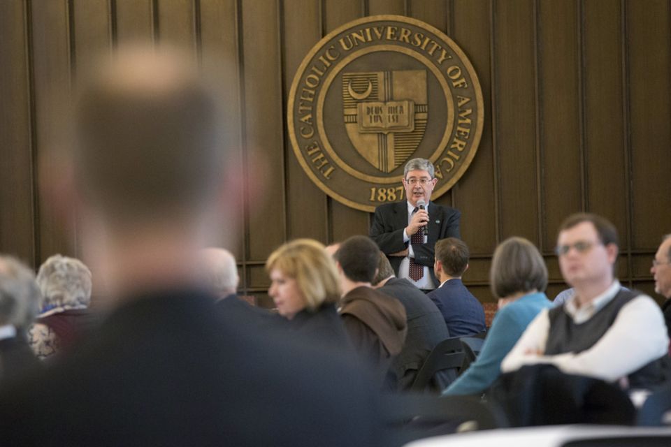George Weigel speaks at The Catholic University of America in Washington during a March 7, 2018, symposium celebrating the life and work of Fr. Richard John Neuhaus. (CNS/Jaclyn Lippelmann, Catholic Standard)