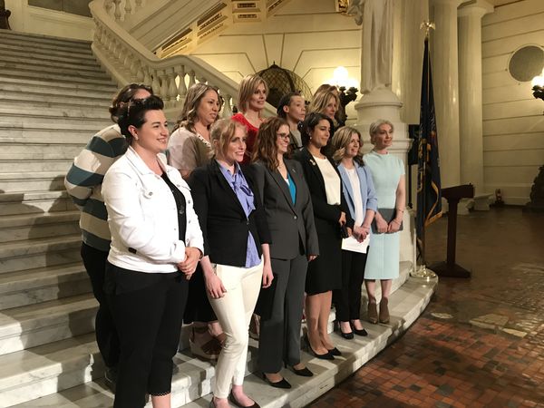 Former patients of convicted pediatrician, Dr. Johnnie Barto stand alongside state Sen. Katie Muth (D-Montgomery) to push for passage of Senate Bill 540, which would reform statute of limitations. Muth is standing second from the right in the front row.