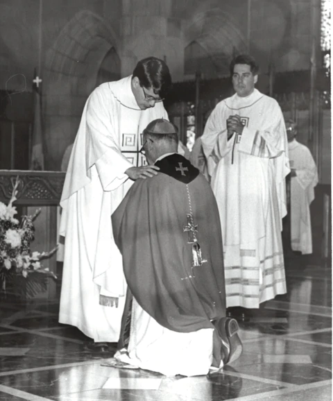 Father Douglas Lucia (left), Bishop-elect of the Roman Catholic Diocese of Syracuse, at his ordination at St. Mary’s Cathedral in Ogdensburg in 1989. (Photo provided by the Diocese of Ogdensburg.)
