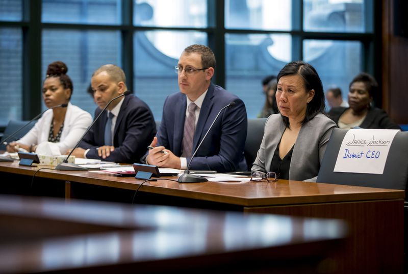 Chicago Public Schools officials, from left, Doug Henning, deputy chief counsel, Matt Lyons, chief of talent, and Jadine Chou, chief of security, testify June 20, 2018, during a hearing before the General Assembly's education committees at the Michael A. Bilandic Building about sexual assault in schools by educators. (Brian Cassella / Chicago Tribune)