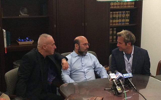 (L-R) Barry Singer, Jay Goldberg, David Bressler three of the plaintiffs in the suit against Yeshiva University at a recent press conference announcing their suit against YU. Hannah Dreyfus/JW