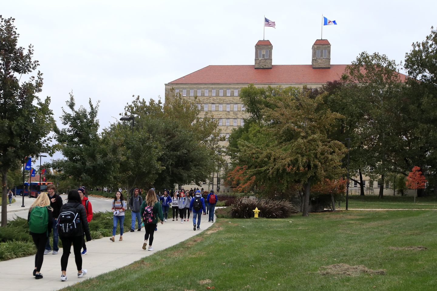 Students walk in front of Fraser Hall on the University of Kansas campus in Lawrence, Kan., on Thursday. (Orlin Wagner/AP)