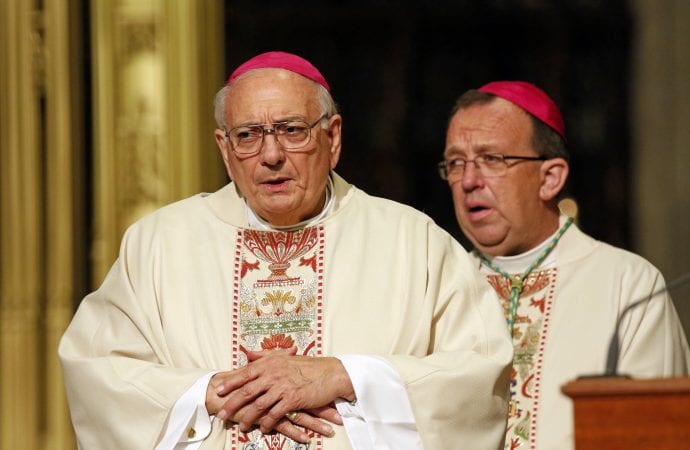 Bishop Nicholas DiMarzio of Brooklyn, N.Y., and Bishop Thomas Deenihan of Meath, Ireland, pray during the 42nd annual Columbus Day Mass at St. Patrick's Cathedral in New York City Oct. 14, 2019. (Credit: CNS.)